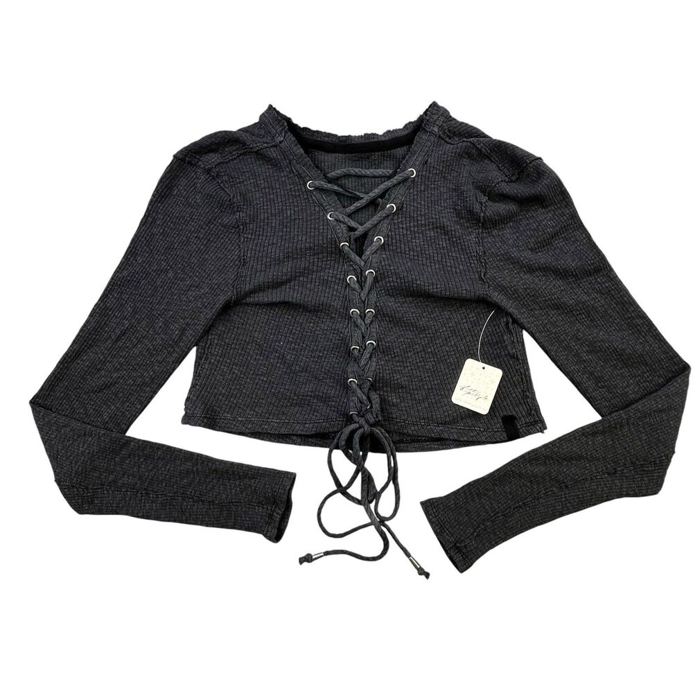 Free People Top Medium Black Ribbed Long Sleeve Lace Up Cropped NWT